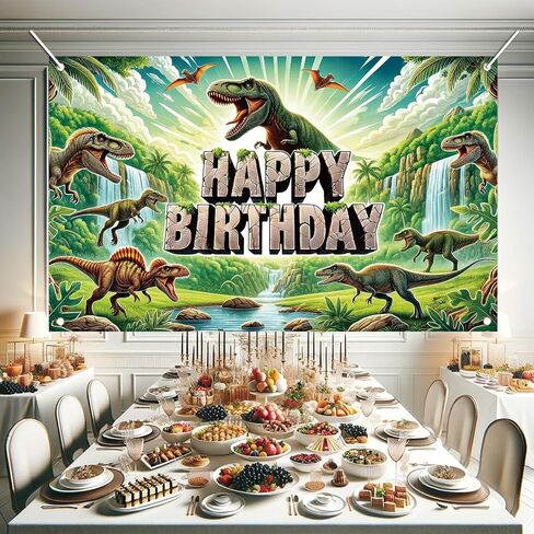Dinosaur Happy Birthday Banner Backdrop Jurassic Jungle Party Decorations Realistic T-Rex Waterfalls Prehistoric Scene Props Decorations Photography Background 70.8 x 43.3 Inch in Kuwait