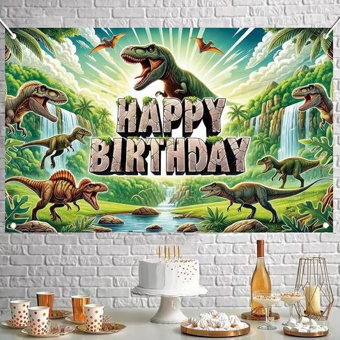Dinosaur Happy Birthday Banner Backdrop Jurassic Jungle Party Decorations Realistic T-Rex Waterfalls Prehistoric Scene Props Decorations Photography Background 70.8 x 43.3 Inch in Kuwait