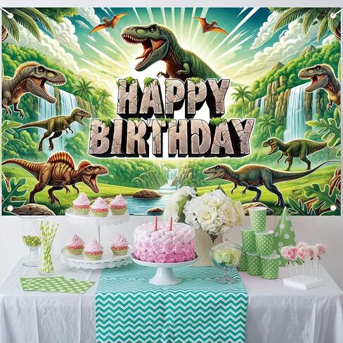 Dinosaur Happy Birthday Banner Backdrop Jurassic Jungle Party Decorations Realistic T-Rex Waterfalls Prehistoric Scene Props Decorations Photography Background 70.8 x 43.3 Inch in Kuwait