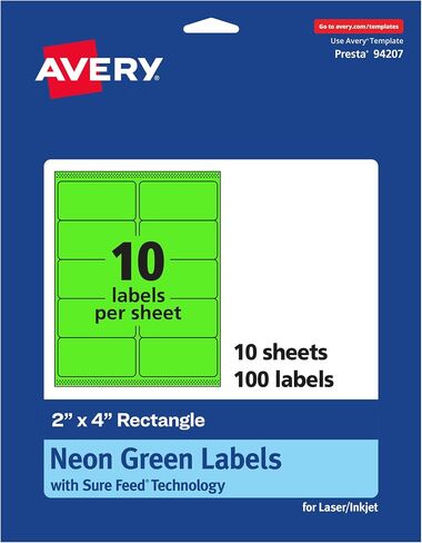 Avery Printable Rectangle Labels, Sure Feed Technology, 2" x 4", Neon Green Labels, Laser/Inkjet Printable, 100 Total, Great for Mailing and Candles in Saudi Arabia