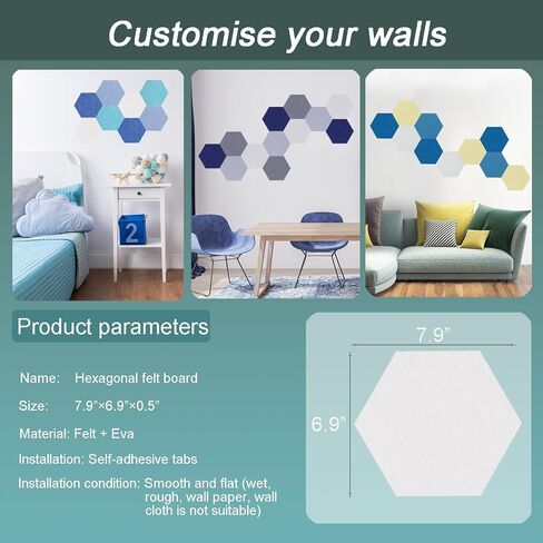 Felt Bulletin Board Tiles, 8 Pcs Hexagon Wall Tiles with Removable Adhesive, 7.9×6.9 Inch Cork Pin Board for Classroom, Home, Office (Set F, Middle) in Kuwait