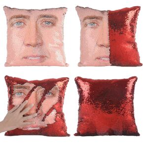 Nicolas Cage Pillow Covers Sequin Pillow Cases Funny Gag Gifts Reversible Sequin Pillow Cover Decorative Throw Cushion Case 16 x 16 Inches (Red)