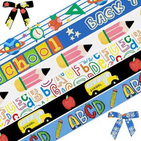 6 رولز إلى شرائط المدرسة لالتفاف الهدايا ، موضوع School Grosgrain Ribbon للهدايا DIR DIY روضة الأطفال.