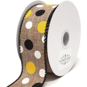 Homeford Natural Linen Wired Ribbon, Yellow/Black/White Dots, 10 Yards (1-1/2-Inch)