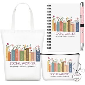 5 Pcs Social Worker Appreciation Gifts, Cosmetic Bag, Canvas Bag, Coil Notebook, Ballpoint Pen and Keychain Social Worker Month Gift for Women Office School Graduation Advocate Coworker