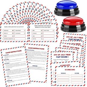 4th of July Friendly Feud Game with 2 Answer Buzzers, Independence Day Feud Cards for Family Game Night Fun Trivia Quiz for Party Office Class Groups Team Building (Red White Blue, Patriotic)