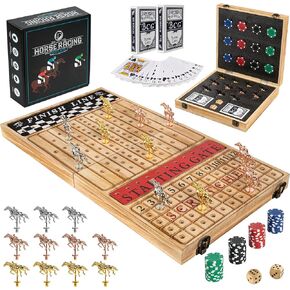 Horse Racing Board Game - 23"x12" - Derby Classic Horse Race Game with 11 Premium Metal Horses - Foldable Wood Horse Game with Dice, 2 Packs of Cards & 60 Poker Chips - Charred Wood