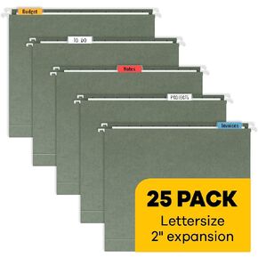 Hanging File Folders - (25 Pack), by Paper Plan, 8.5 x 11 Letter Size, Dark Green, U-Base with 2" Expansion - Ideal for Easy and efficient Document Organization