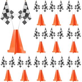 Racing Car Party Decorations Include 12 Orange Traffic Cones and 24 Checkered Flags Mini Black and White 7 Inch Cardboard Cones for Race Car Theme Birthday Party Decorations