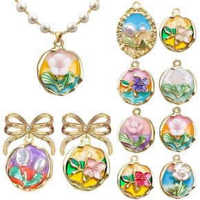 10Pcs 3D Oil Painting Flower Charm Pendants Vintage Enamel Charms for Jewelry Making Pearl Pendant Metal Earring Charms for Bracelets DIY Crafts Necklace Keychain Charm for Womens Jewelry Accessories