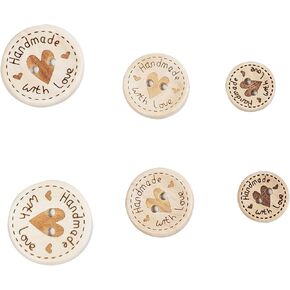 150Pcs 3 Size Wooden Handmade Made with Love Tags Button for Sewing,Crafting, DIY Clothing Embellishment Accessories 2 Hole DIY Decor Buttons
