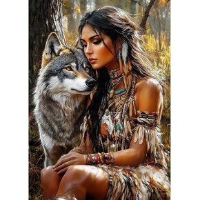 CEOVR American Native Indian Woman Diamond Art Kits for Adults, Wolf Diamond Painting Dots DIY DIY Gem Art, Adult Crafts Kits Wall Decor for Home Office 12x16in