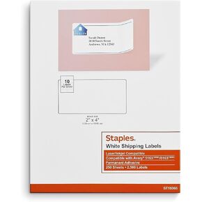 Staples Laser/Inkjet Shipping Labels, 2-inch x 4-inch, White, 10 Labels/Sheet, 5000/Carton (ST18066-CCVS)
