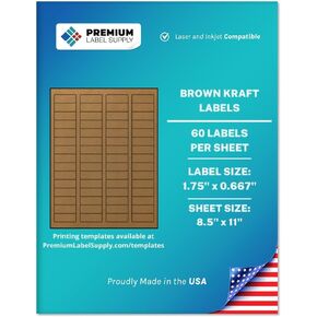 Premium Label Supply Brown Kraft Sticker Labels – 1.75" x 0.667" – Laser/Inkjet Compatible – (60 per Sheet), 25 Sheets – 1,500 Total Adhesive Labels