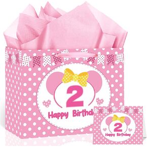 Cartoon Mouse 2nd Birthday Gift Bag Pink Mouse 2nd Happy Birthday Bag with Tissue Paper and Card Polka Dots Bow Two Years Old Gift Wrapping Paper Bag for Baby Girls Shower Princess Second Party Decor