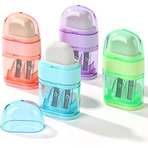 Tenceur 24 Pack Manual Cute Pencil Sharpener with Eraser Double Holes Multicolored Handheld Pencil Sharpener Preppy Back to School Supplies for Girls Kids Office Home Classroom Rewards