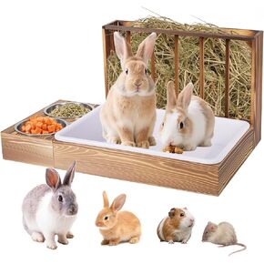 3 in 1 Rabbit Hay Feeder with Litter Box and 2 Bowls, Bunny Feeder Guinea Pig hay Rack Holder & Litter Box for Chinchilla Hamsters Guinea Pig Rabbit Bunny Small Animals (Brown)