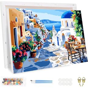 KEYIFA Paint by Numbers Kit for Adults Framed, Easy Painting Kits for Beginners, Paint on Clear Colored Canvas, Acrylic Pigment Drawing Paintwork, DIY Home Wall Decor, 16x12 in, Scenery of Santorini