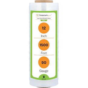 12" x 1500' x 90 Gauge Cast Hand Stretch Wrap Plastic Shrink Film 3" Core - 8 Rolls = 2 Cases