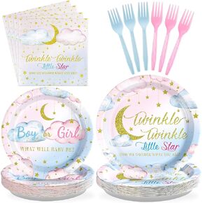 Grencian 96Pcs Twinkle Twinkle Little Star Gender Reveal Party Supplies Plates and Napkins Baby Shower Disposable Tableware for Baby Girls or Boys Gender Reveal Party Decorations Serve 24