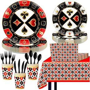 169 Pcs Casino Theme Party Decorations Las Vegas Poker Paper Plates and Napkins Tablecloth Casino Night Party Supplies Serve 24 for Card Game Birthday