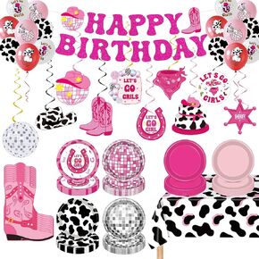 130 PCS Cowgirl Birthday Party Decorations Girls Western Disco Birthday Tableware Set with Plates, Napkins, Balloons, Banner, Swirl and Tablecloth Cow Print Party Supplies for Cowgirl