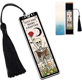Metal Bookmark with Tassels - Funny Gothic Horror Bookmarks, Book Marks for Reading Women, Spooky Bookmarks for Books Lovers, Halloween Christmas Birthday Gifts for Women Men, Just One More Chapter