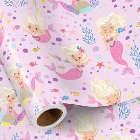 RUSPEPA Mermaid Birthday Wrapping Paper Roll for Girls, Mini Roll, Pink Mermaid and Underwater Scene Design, Cute Ocean Gift Wrap for Kids Birthday Party, Baby Shower, 17 Inches x 16.4 Feet