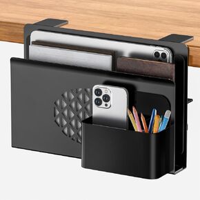 Desk Side Storage, Metal Laptop Holder with Magnetic Pen Box, Clamp-On Under Desk Organizer with Cooling Holes & Anti-Scratch Pads for Office and Home (Black)