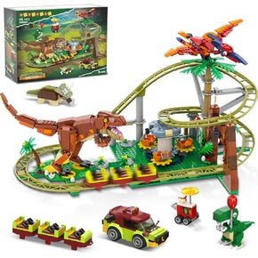 HOGOKIDS Dinosaur Roller Coaster Building Set - 1222PCS Rollercoaster Building Toy with 4 Dinosaur, Off-Road Vehicle, Food Cart, Dinosaur Models Playset Gift for Adults Kids Girls Boys Ages 8-12 Year