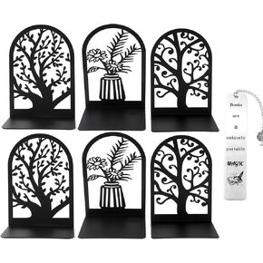3 Pairs Metal Book Ends with 1 Bookmark, Tree Cat Flower Bookends Decorative for Shelves, Office Desk Supplies Accessories, Books Stand Holder Desk Organizer, Book Lovers Gifts (Style 9)
