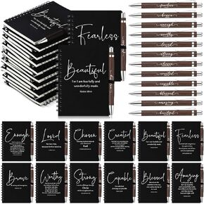 Kosiz 12 Sets Christian Gifts Bulk Back to School Supplies Church Inspirational Bible Verse Spiral Notebook and Religious Bamboo Ballpoint Pen Journal with Scripture for Sunday School Teacher (Brown)