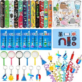 111PCS Science Party Favors Set, Lab Birthday Decorations Including Slap Bracelets, Keychains, Gift Bags, DIY Stickers, Drinking Straws, Science Birthday Supplies