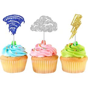 24pcs Glitter Tornado Party Cupcake Toppers Tornado Tornado حفلة عيد ميلاد الزخارف البرق السحابة السحابة موضوع Cake Cupcake للاختيار من طقس عيد ميلاد حفلة استحمام الطفل