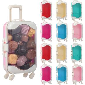 12 PCS Mini Suitcase Party Favor Boxes, Assorted Color Luggage Trolley Candy Box, Clear Small Suitcase Present Package Case, Rolling Empty Storage Box for Jewelry False Eyelash