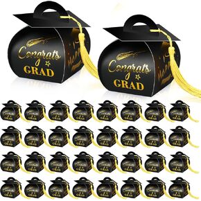 Glavatrix 40 Pcs Graduation Cap Gift Box Graduation Party Favors Candy Box Treat Box with Tassel Table Centerpieces Class of 2025 Grad Decorations (Black)