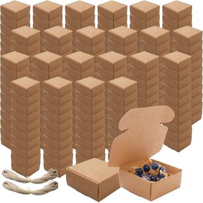 SENONAPO 220 Pcs Small Kraft Paper Gift Boxes with Lids Bulk 2.2 x 2.2 x 1 Inch Ornaments Mini Cardboard Boxes with 2 Rolls Rope for Jewelry, Bracelet, Earring and Favor Packaging(Kraft Color)