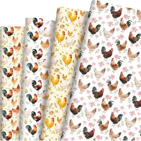Pineraap 12 Sheets Chicken Wrapping Paper - Colorful Farm Animal Designs with Roosters, Hens - Countryside Gift Wrap for Kids Party Favors, Birthday, Baby Shower, DIY Crafts, 19.7" x 27.6"