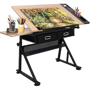 Height Adjustable Drafting Table,Art Desk Drawing Table with 0-80° Tilting Tabletop,Artist Table Diamond Painting Table Craft Work Station with Storage Drawers for Kids Adults
