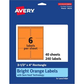 Avery Printable Rectangle Labels, Sure Feed Technology, 3-1/3" x 4", Bright Orange Labels, Laser/Inkjet Printable, 120 Total, Great for Candles and Ingredients
