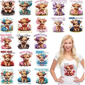 Highland Cow Iron on Transfers for T-Shirts, 20 Pcs Cute Highland Cow DTF Transfers Ready to Press, Cartoon Iron on Patch Decals, Heat Transfer Vinyl for Bag Clothing DIY Craft
