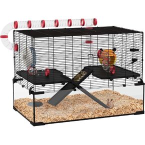 PawHut 31" Extra Large Hamster Cage with Tube Tunnel, Small Animal Cage for Dwarf Hamster, Rat, Gerbil Cage with Deep Glass Bottom, Water Bottle, Food Dish, Exercise Wheel, Ramps