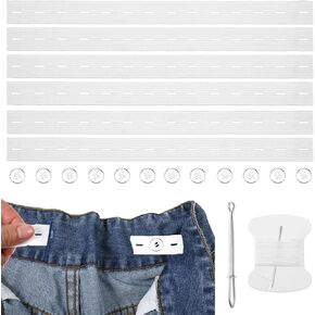 6 Pcs Jeans Button Tightener Pants Adjuster Waist Tightener, Elastic Waist Clip for Pants Women Men and Children Include 12 Buttons, 1 Sewing Kit &1 Thread Hook (White)
