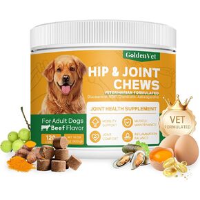 Hip and Joint Chews for Senior Dogs with Glucosamine HCL, Chondroitin, Green-lipped Mussel, Ashwagandha for Anti Inflammatory, Mobility Support, Muscle Maintenance, Joint Comfort 120 Ct