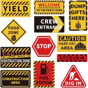 12 Pcs Construction Party Decor Sign, Building Sign Party Decoration, Craft Building Theme Party Signs, Warning Traffic Road Area Signs, Boys Kids Birthday Building Party Supplies