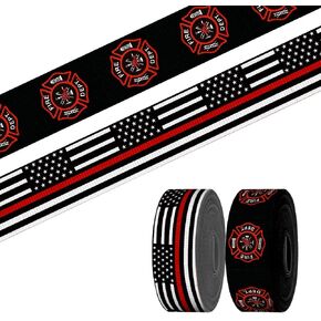 2 Rolls 10 Yards Fireman Ribbons, 7/8" Patriotic Star Grosgrain Ribbons Red White Black Stripe Fabric Ribbon for Gift Wrapping Fire Department Decorations