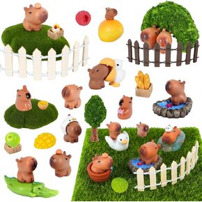 38 Pcs Mini Capybara Cake Toppers Mini Capybara Birthday Party Decor Wood Tiny Fences Mountain Figurine Cute Resin Woodland Animal Figures for DIY Moss Landscape Dollhouse Desktop Supplies