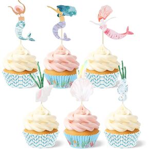 Honeydak 48 Pcs Mermaid Cupcake Kit Include 24 Mermaid Cake Topper 24 Ocean Cupcake Liners for Birthday Graduation Party Supplies Seahorse Shell Seaweed Conch Under the Sea Cake Decoration