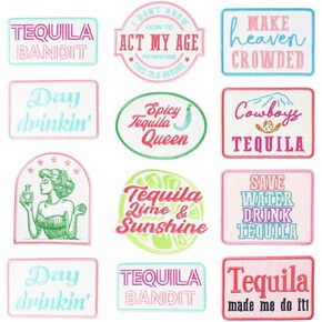 12 Pcs Funny Trucker Hat Patches Iron on, Fun Bar Vintage Save Water Drink Tequila Embroidered Heat Press Hats Patch for Clothes, Drink Margs Women Day Drinking DIY Accessories
