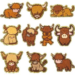 Highland Cow Chenille Iron on Patches - 10Pcs Kids Iron on Knee Patch Cartoon Animal Repair Patches Kit Cow Sew on Embroidered Sticker Applique DIY Accessory for Backpack Clothes Dress Pant Hat Jean